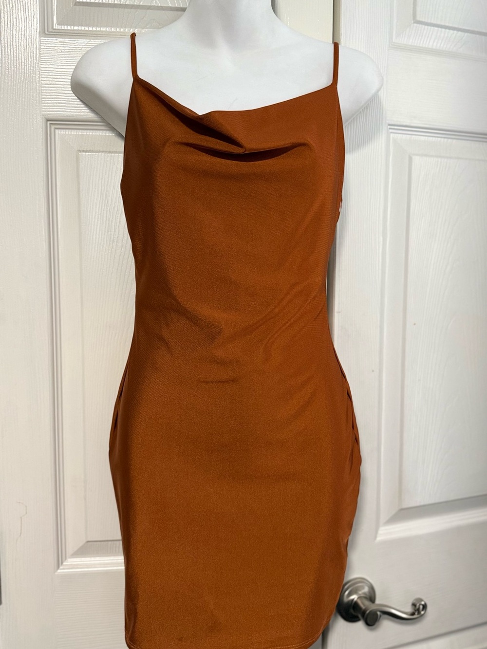 Satin Cowl Neck Mini Dress - Rust Brown
